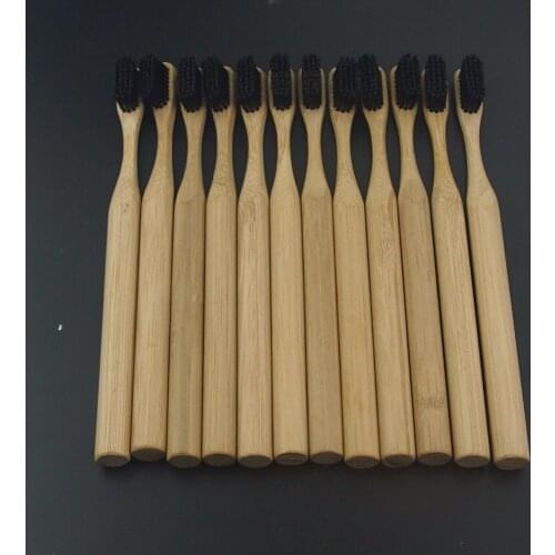 DR.PERFECT 12 Pieces Black Pillar Style Toothbrush Bamboo White Bristle Toothbrush Soft-bristle Bamboo Fibre Wooden Handle