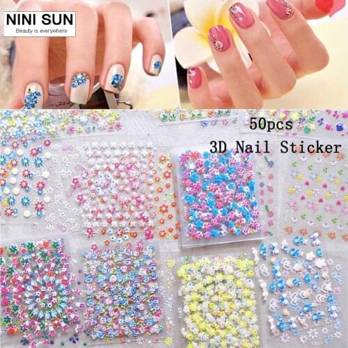 New Arrive 50pcs/set 3D Flower Nail Stickers Self-adhesive Mix Color Cheap Nails Art Decorations Nail Decal Nail Tools DIY