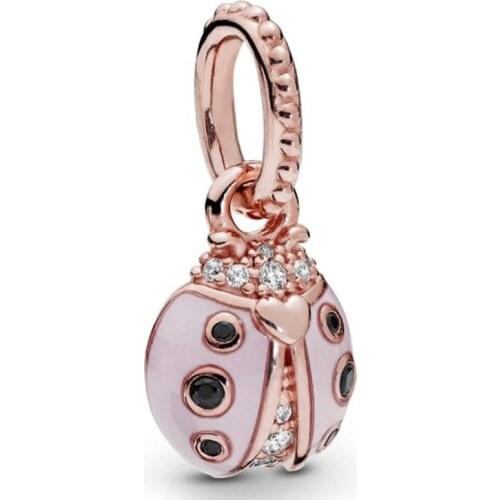 Original Rose Gold Lucky Pink Ladybird Necklace Pendant Fit 925 Sterling Silver Bead Charm Bracelet Bangle Diy Jewelry
