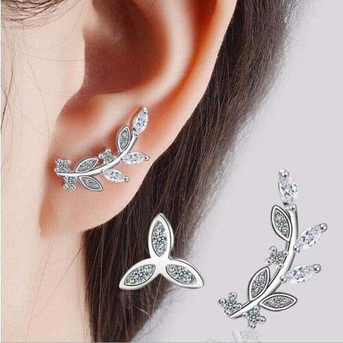 KOFSAC New Fashion Sterling Silver 925 Earrings For Women Sweet Cute Leaves Asymmetry Crystal CZ Earring Valentines Day Jewelry