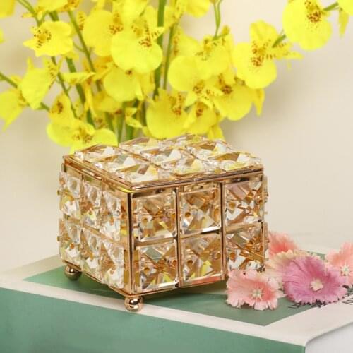 Crystal Jewelry Box Golden Square Jewelry Display Organizer Keepsake Box Home Decorative Box for Storage Trinket Ring Earring