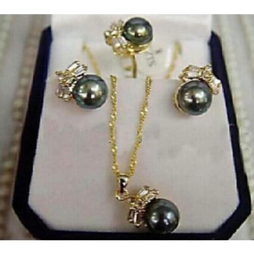 Jewelry CHARMING 100% Natural Black Pearl Earring Ring & Necklace Set-Bride jewelry