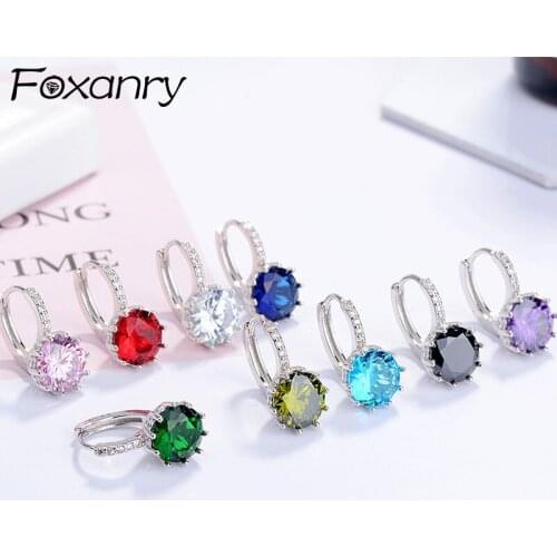 FOXANRY Prevent Allergy 925 Sterling Silver Hoop Earrings for Women Trendy Elegant Sweet Sparkling Colored Zircon Bride Jewelry