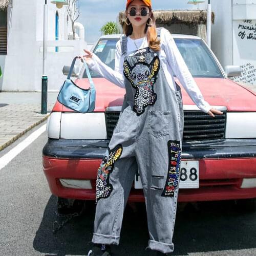 Spring Sequins Cartoon Denim Jumpsuit Women Loose Casual Holes Ripped Adjustable Denim Bib Overalls Jeans Pants