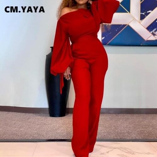 CM.YAYA Women Jumpsuit Solid Full Puff Sleeve Skew Collar Elastic Waist Wide Leg Jumpsuits Fashion One Piece Overalls Summer