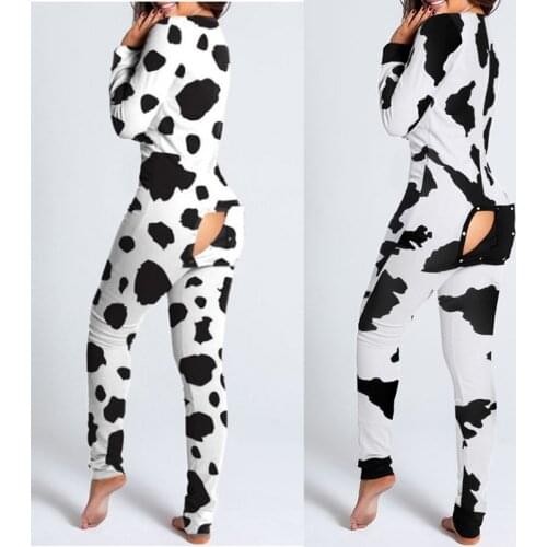 Animal Cow Women Sexy Cutout Button Adult Jumpsuit Onesies Bodycon V-neck Pajamas Jumpsuit Sleepwear Robe Sexy Onesie Sleepwear