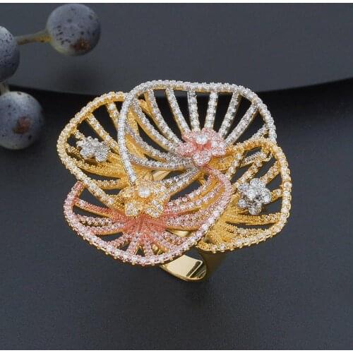 ModemAngel Luxury Special Flower Full Cubic Zircons 3 Tones Copper Women Party Engagement Width Jewelry Big Ring