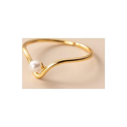 925 Sterling Silver Simple Single Pearl V-shaped Ring Open Adjustable Synthetic Pearl Hand Finger Fashion Jewelry Cocktail Party