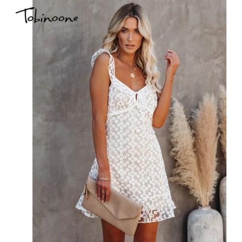 Tobinoone Spaghetti Backless White Dress Women Hollow Out V Neck Mini Dresses Sleeveless Drawstring Casual Shift Sexy Dress