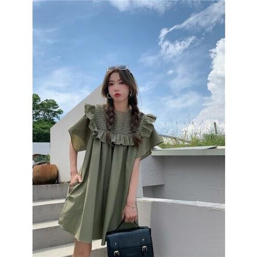 KoukiMa Fashion Women Dress O-Neck Short Sleeve Loose Waist Doll Kawaii Dressess Chic Sweet Ruffles Solid Color Dress 4xl Size