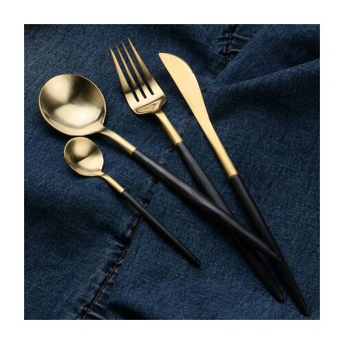 181) black and gold tea spoon/western food steak knife and fork spoon black black handle 304 stainless steel knife and fork west