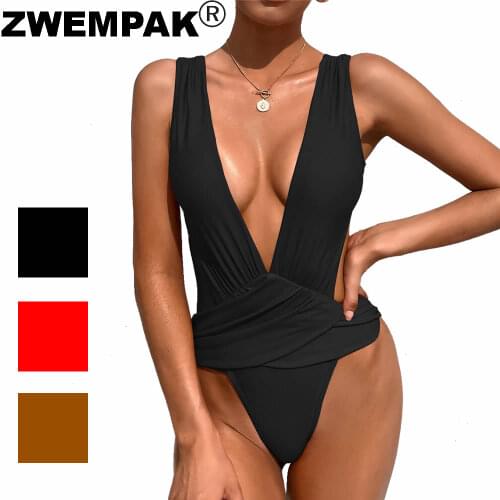 2021 Summer Women Retro One Piece Bodysuit Deep V Neck Design Swimwear Nylon Swimming Suits Solid Color Monokini Sling Bikini