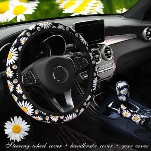 3 PCS No Inner Ring Daisy Elastic Handle Steering Wheel Gear Handbrake Cover Cute Daisy Flower Car Styling Interior Accessories