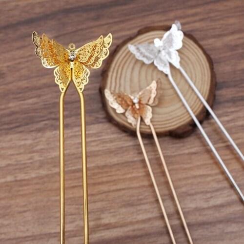 5PCS 25*35mm Butterfly Hair Sticks Settings 125*2mm Hair Forks Copper U Shape Hair Pins Base DIY Accessories For Jewelry Making