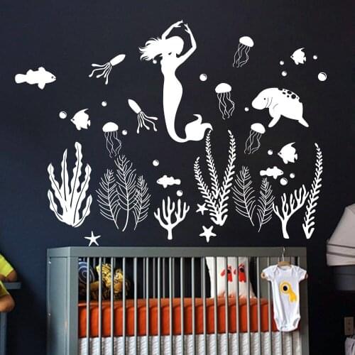 Large Cartoon Mermaid Fish Wall Decal Sofa Bedroom Mermaid Sea Wave Wall Sticker Vinyl Mural Children Room Nursery Ocean Seaweed