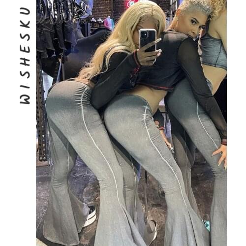 Women Ruched Drawstring Flare Pants Sexy High Waist Wrap Hip Vintage Ladies Streetwear Casual Trousers 2021 Summer Y2K Clothes