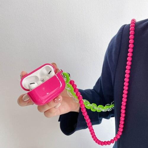 Rose Red Crossbody Lanyard Chain Case For Apple Airpods AirPod 2 1 Pro Soft Contrast Color Bracelet Earphone Cover Chaging Box