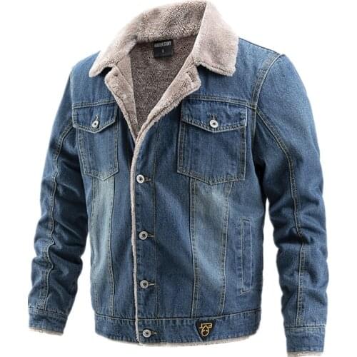Plus Velvet Thick Denim Jacket Men Casual Lapel Cotton Jeans Jacket Men Fur Collar Warm Winter Mens Jackets And Coats