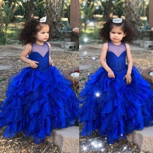Royal Blue Flower Girl Dresses Sheer Neck Tiers Wedding Ball Gown for Little Girl Vintage First Communion Pageant Dresses