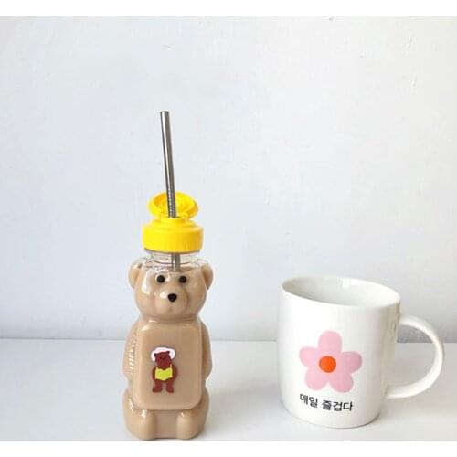 Lovely Cartoon Bear Straw Cup Water Bottle with Lid Leakproof Home Travel Couples Children Festival Gift 250ml