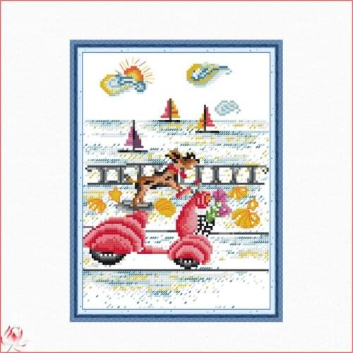 Dog On A Bike Cross Stitch Kit Cute Animal Pattern 14CT White 11CT Printed Embroidery set DIY Home Decoration Painting