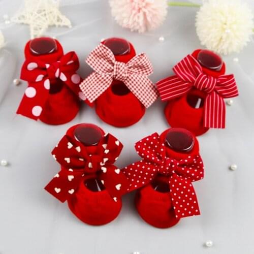 Baby Girl Socks And Headband Set Infant Girls Cute Red Bowknot Decorated Anti-Slip Cotton Ankle Sock With Elastic HairBand Suit