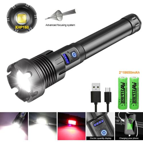 Portable XHP160+COB LED Red and White Light Flashlight USB Rechargeable Lantern 4 Lighting Modes Torch for Outdoor Camping