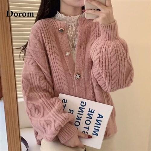 Vintage Lantern Sleeve Cardigan Women O-neck Buttons Knitted Basic Oversize Sweater Coat Autumn Winter Ladies Loose Jumper Mujer