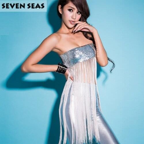 Clearance Cheap Super Hot Sexy Silver Sequin Tube Top Women Tassel Crop Tops Night Club Dance Wear 3 Color