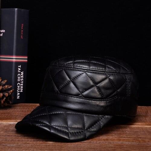 Mans Genuine Leather Flat Hats Male Winter Outdoor Warm Diamond Embroidery Check Leisure Cap Trucker 56-60cm Adjustable Gorras