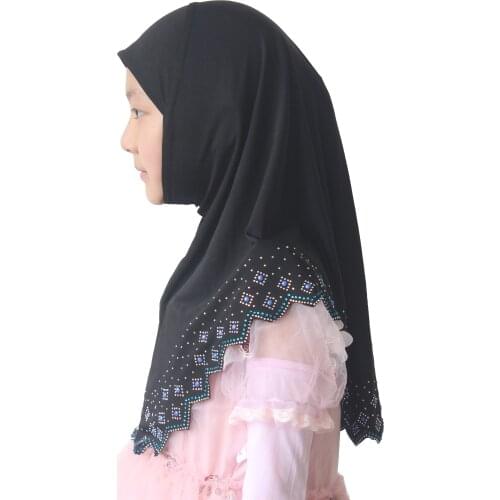 Muslim Girls Amira Hijab Scarf Islamic Headscarf Long Shwals Hand-made Side Luxurious Czech Diamond for 7 to 12 years old Girls