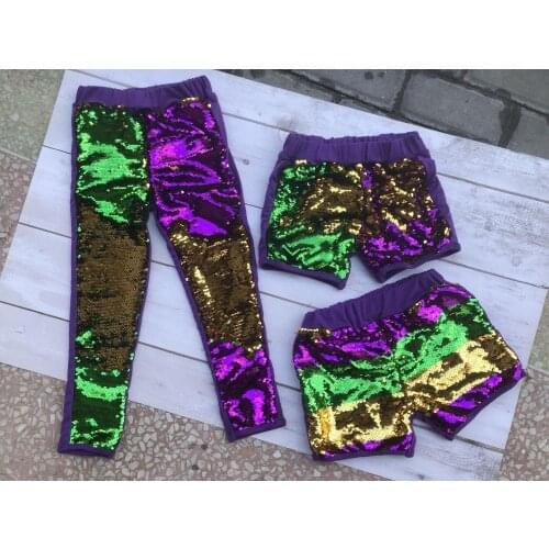 Ready to ship Mardi Gras reversible sequins shorts purple green gold toddler kids stripe shorts
