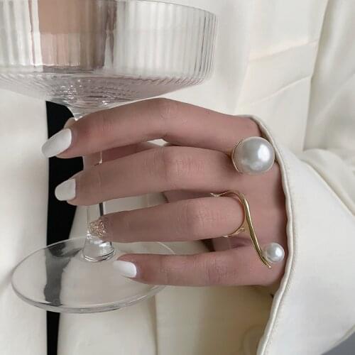 SRCOI Trendy Geometric Metal Double Ring Temperament Imitation Pearl Exaggerated Ring Women Party Jewelry Accessories 202104