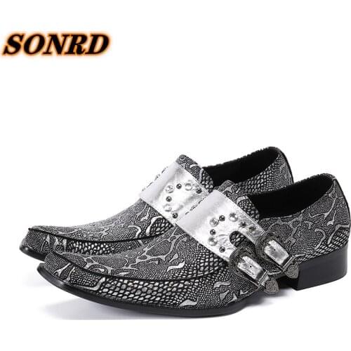 Calzado Hombre Fashion Men Genuine Leather Pointed Toe Buckle Rivet Shoes Snake Skin Man Autumn Oxford Dress Wedding Shoes