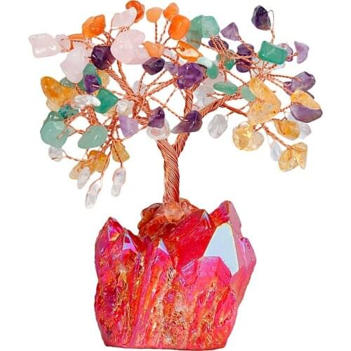 TUMBEELLUWA Colorful Crystal Money Tree, Red Aura Titanium Coated Quartz Cluster Base Bonsai Decoration for Wealth and Luck