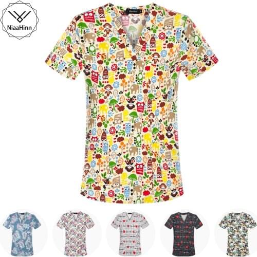 New Cartoon Print scrub V-neck Hospital Staff top Nursing Uniform Nurse Uniform T-shirt Dental Clinic Medical Unisex Accessories
