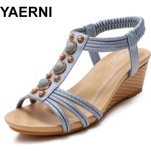 YAERNI Vintage Bohemia Platform Sandals Women Shoes 2020 Summer Beads Gladiator Sandals Medium Heel Beach Sandal Shoes