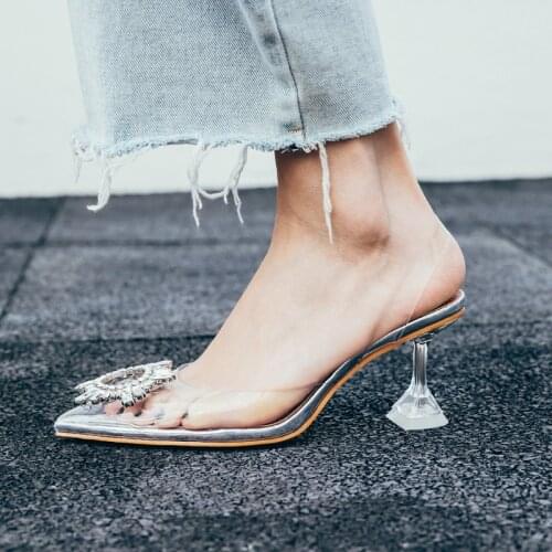 Star style Women sandals Elegant Pointed toe Rhinestones High heels Wedding Shoes Crystal Clear heeled Slingback Pumps Sandals
