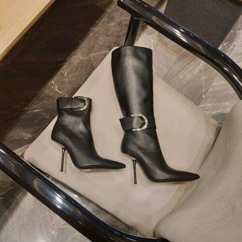 2021 New Pointed Toe Women Boots Ankle Boots Woman Buckle Strap Women Shoes Fashion Genuine Casual High Heels Zip Shoes Woman