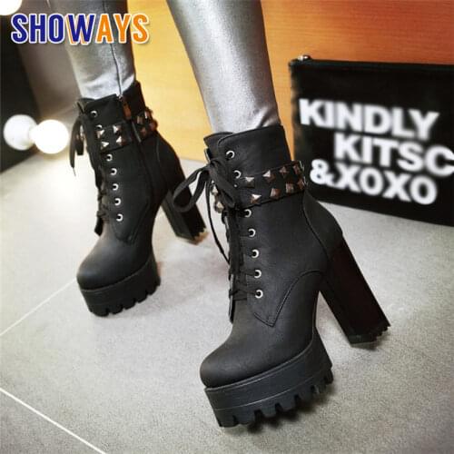 Big Size Winter Rivet Women Platform Ankle Boots 12cm High Chunky Heel Black PU Plush Lace Up Motorcycle Lady Zipper Short Boots