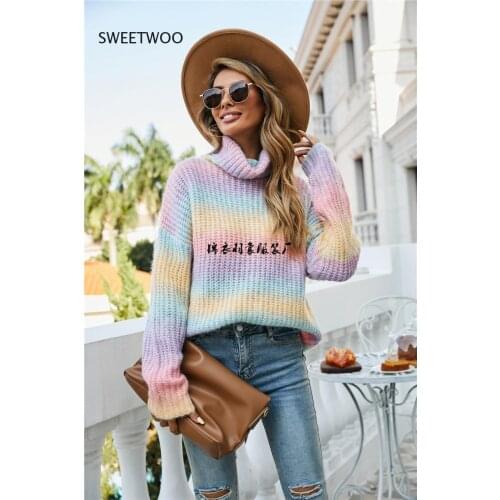Autumn New Rainbow Knitted Pullover Turtleneck Plus Size Sweater Women Pullovers 2021 Winter Womens Vintage Sweaters Fashion