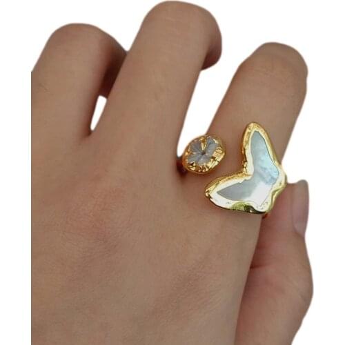 Y·YING Natural White Sea Shell Carved Flower Butterfly Gold Color Tiny Pearl Finger Rings For Women Gift Adjustable