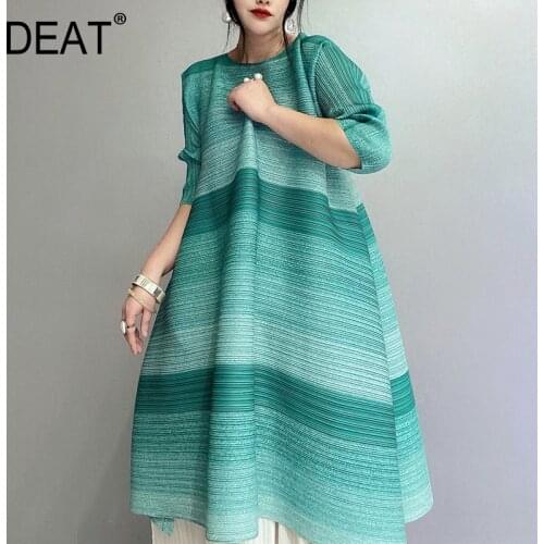 DEAT Pleated Long Sleeve Dress Woman Hit Color Striped Over Size Knee Length Dresses Casual Style 2021 New Autumn Fashion AR371