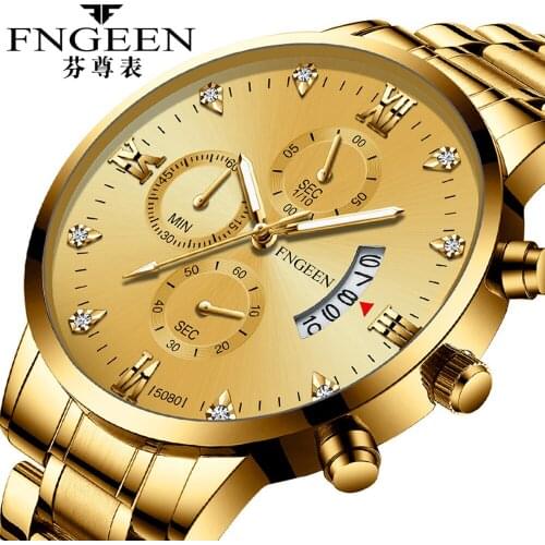Gold Watches for Men Clock 2020 Fngeen Brand New Fashion Luxury Business Quartz-watch Diamond Dial Decoration Relogio Masculino