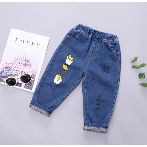 2020 Autumn Girls Jean Trousers Casual Elastic Waist Printing Baby Girl Jeans Children Pants Pants for Girls 2 3 4 5 6 7 Y