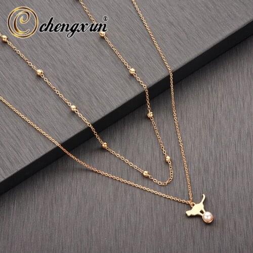 CHENGXUN Cute Cat Kitty Play Ball Statement Double Layered Necklace Trendy Animal Charm Long Chain Necklace Pearl Beads