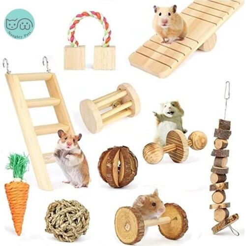 Small Animals Pet Wooden Toys For Guinea Pigs Rat Hamster Rabbits Pine Dumbbells Unicycle Bell Rollerball Chew Molars Toy