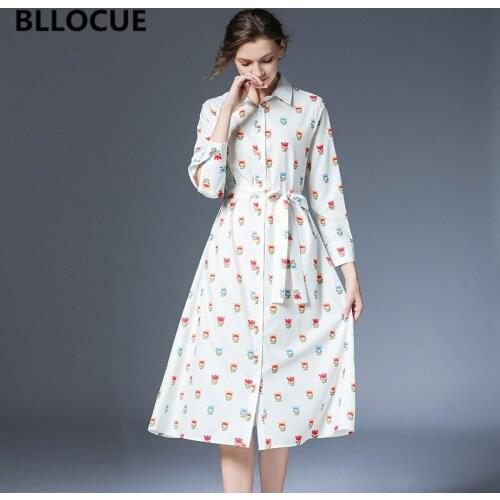 BLLOCUE Fashion Designer Vintage Print Shirt Dress 2020 New Women Elegant Turn Down Collar Long Sleeve Single-breasted Dress