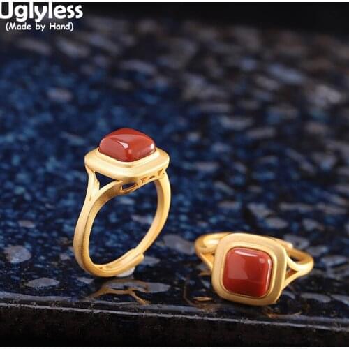 Uglyless Fashion Simple Square Gemstones Rings for Women Natural Meaty Agate Open Ring Real 925 Silver Dress Jewelry Gold Bijoux