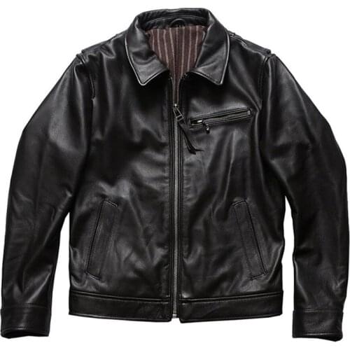 Genuine Leather Jacket Men Ccasual Lapel Top Layer Yellow Cowhide Motorcycle Jacket Male Leather Coat